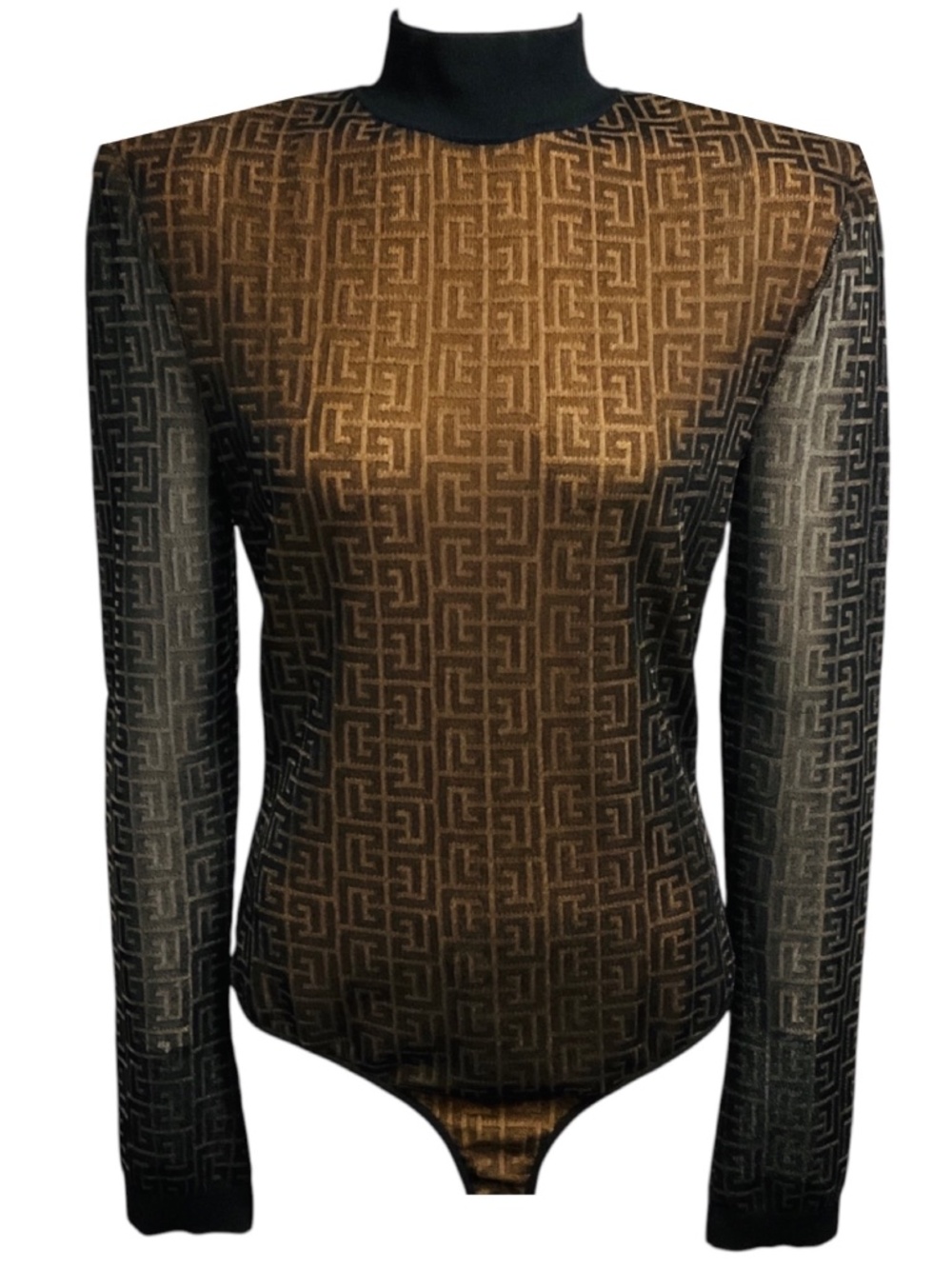 BALMAIN BLACK / NUDE MONOGRAM MESH TULLE BODYSUIT WITH SHOULDER PADS